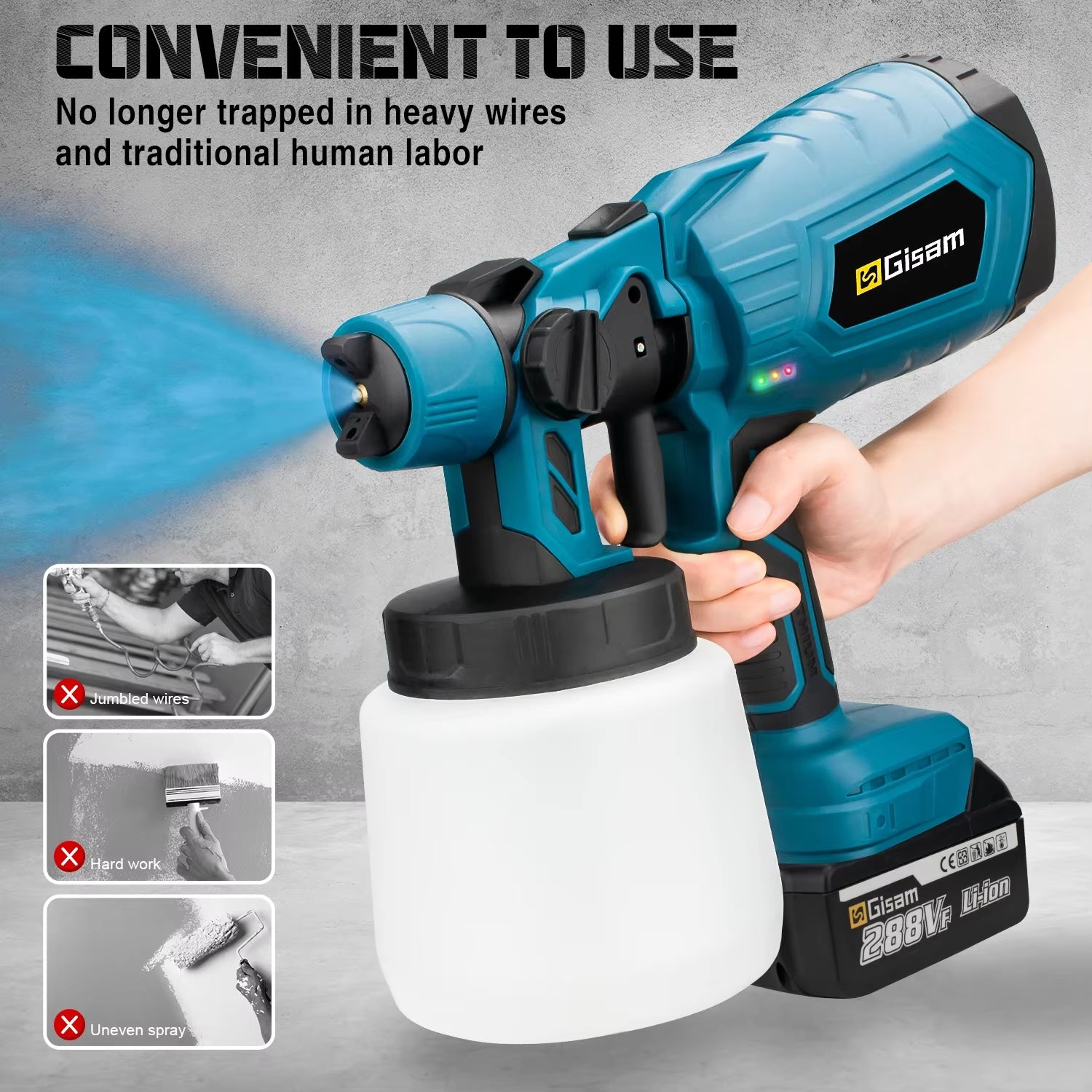 GISAM 1000ML Cordless Electric Spray Gun - HVLP Paint Sprayer for Auto, Furniture & Steel Coating (Tool Only - Makita 18V Battery Compatible)