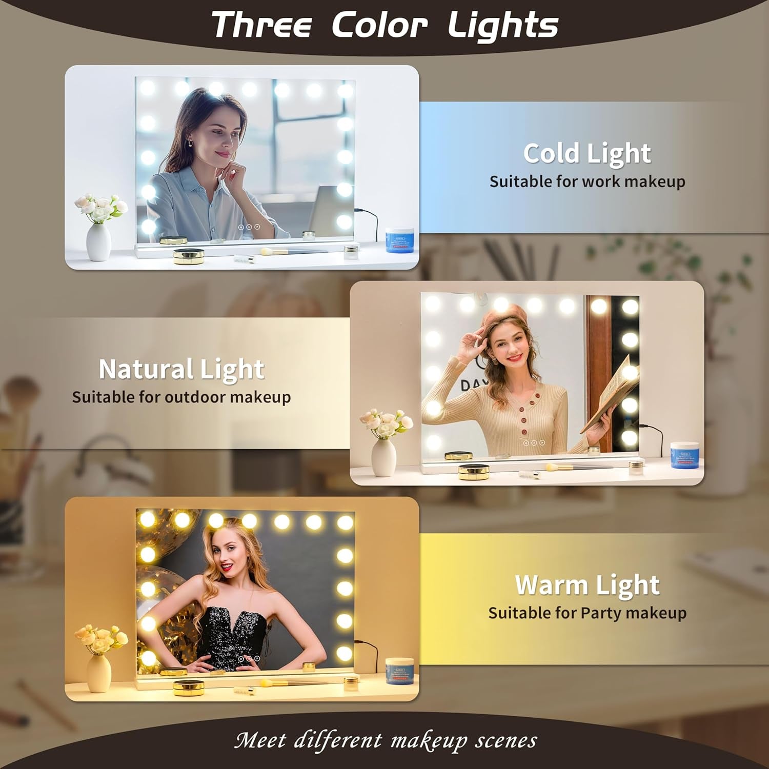 Vanity Mirror with Lights Lighted Makeup Mirror with 15 Dimmable LED Bulbs,3 Color Lighting Modes,Usb Charging Port Touch Control,Sturdy Metal Frame Design,White