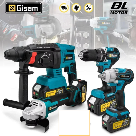 GISAM 4-Piece Brushless Power Tool Set - Impact Wrench, Electric Drill, Angle Grinder & Electric Hammer (Tools Only - Makita 18V Battery Compatible)