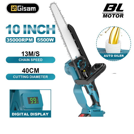 GISAM 10" Brushless Electric Chainsaw with Auto Oiler - Cordless Woodworking Power Saw (Tool Only - Makita 18V Battery Compatible)