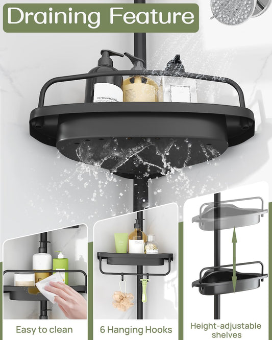 Rustproof Shower Caddy Corner for Bathroom,Bathtub Storage Organizer for Shampoo Accessories,4-Tier Adjustable Shelves with Tension Pole, 39.2 to 113 Inch, Black