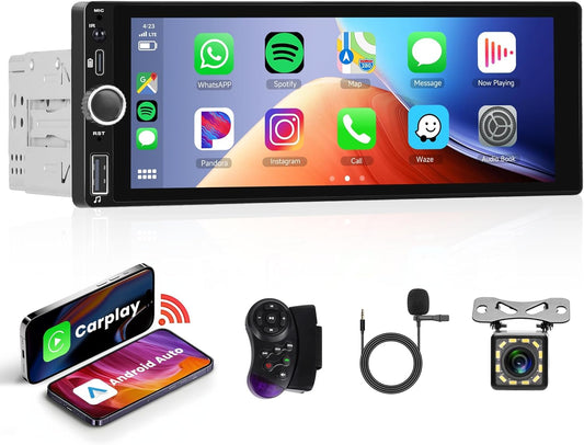 Single Din Car Stereo Wireless Carplay Android Auto 6.86 Inch 1 Din Touch Screen Car Radio Bluetooth FM/RDS EQ Backup Camera USB Type-C SWC AUX in TF