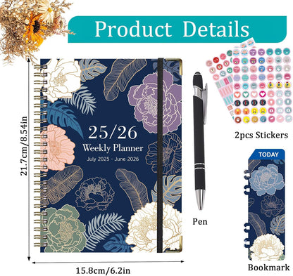 Planner 2025-2026,Agenda 2025-2026, July 2025 to June 2026 Monthly Weekly Calendar Planner with Month Tabs, 6.1" X 8.5" Hardcover Spiral Bound Cover for Daytimer Schedule Work School (A01)