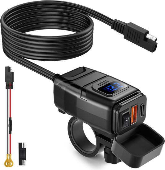 Motorcycle Phone Charger, 6.4A Dual USB Type C PD & Quick Charge 3.0 Motorcycle USB Charger with Voltmeter & On/Off Switch, Waterproof Motorcycle Accessories for Phone, Tablet, Etc - Blue