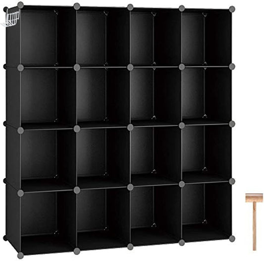 Cube Storage Organizer, 16-Cube Shelves Units, Closet Cabinet, DIY Plastic Modular Book Shelf, Ideal for Bedroom, Living Room, Office, 48.4" L × 12.4" W × 48.4" H Black