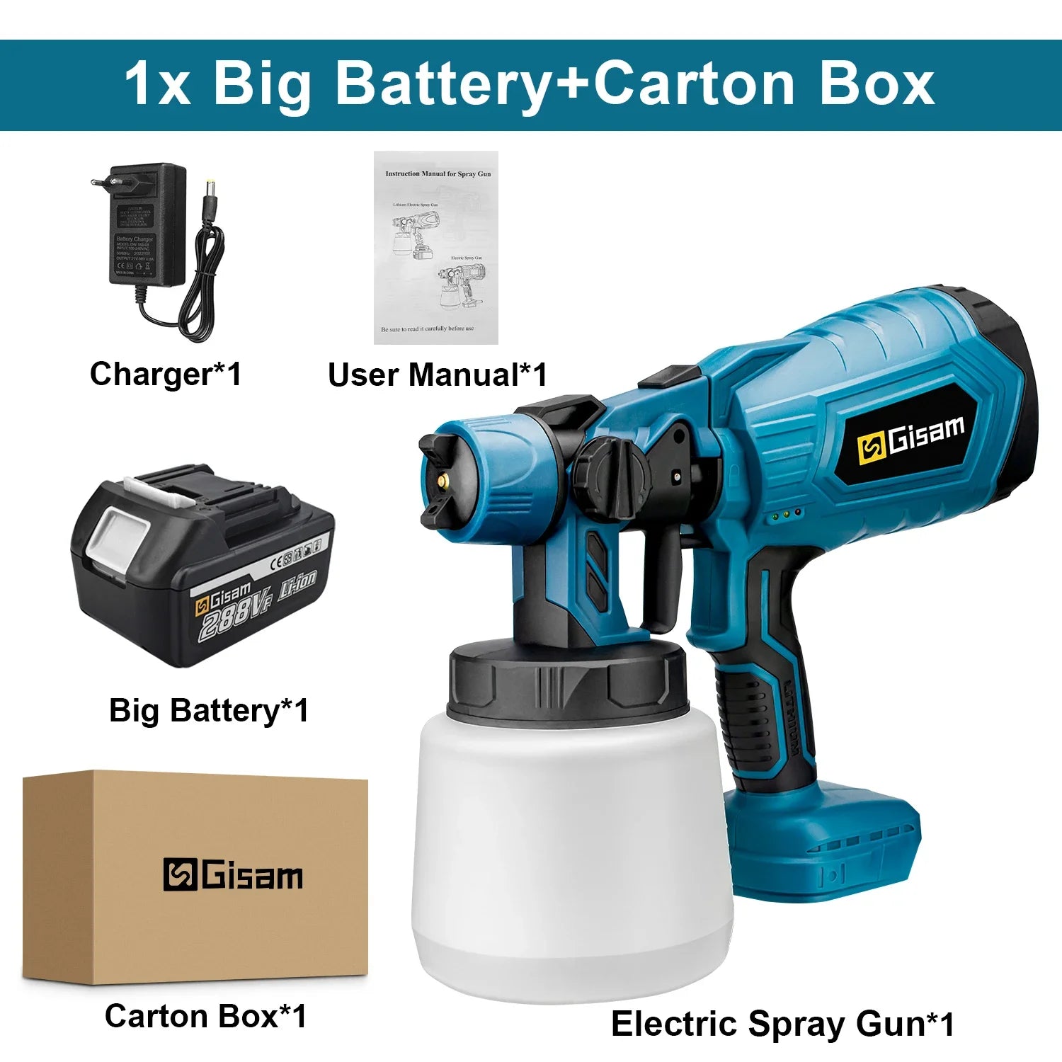 GISAM 1000ML Cordless Electric Spray Gun - HVLP Paint Sprayer for Auto, Furniture & Steel Coating (Tool Only - Makita 18V Battery Compatible)
