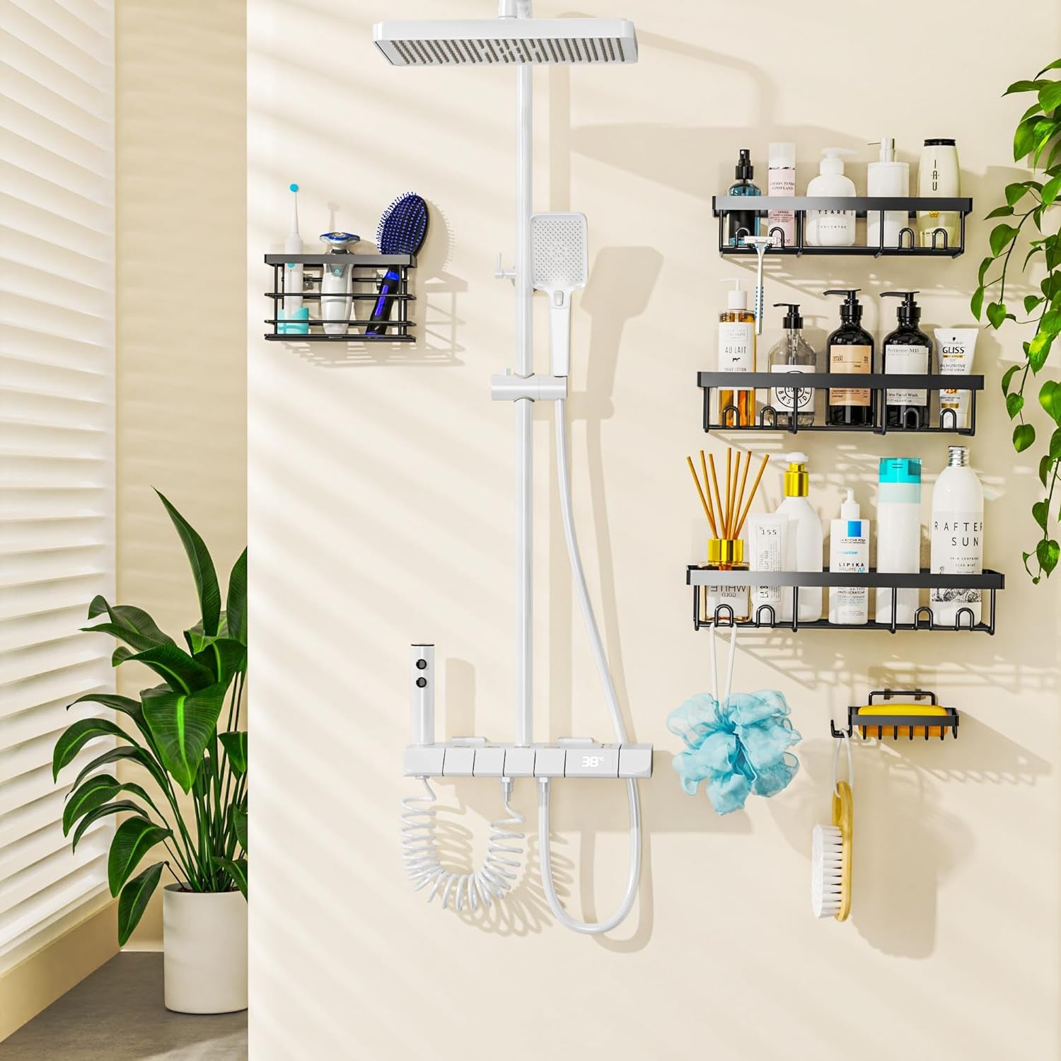 Shower Caddy Shelf Organizer Rack, Self Adhesive Black Bathroom Shelves Basket, Home Farmhouse Wall Shower inside Organization and Storage Decor Rv Accessories (Black, 5Pack)