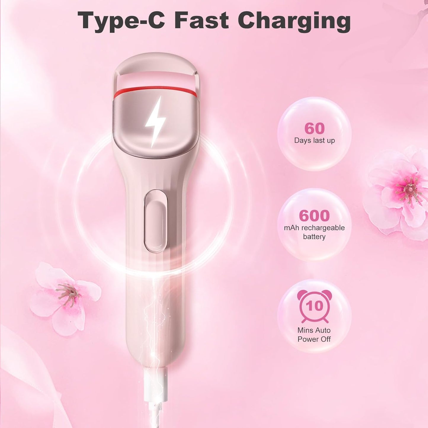 Heated Eyelash Curler Professional- Naturally Curling Eye Lashes with Innovative Heating Silicone, Electric Eyelashes Curler with 600Mah Rechargeable Battery EC4001 (Pink)