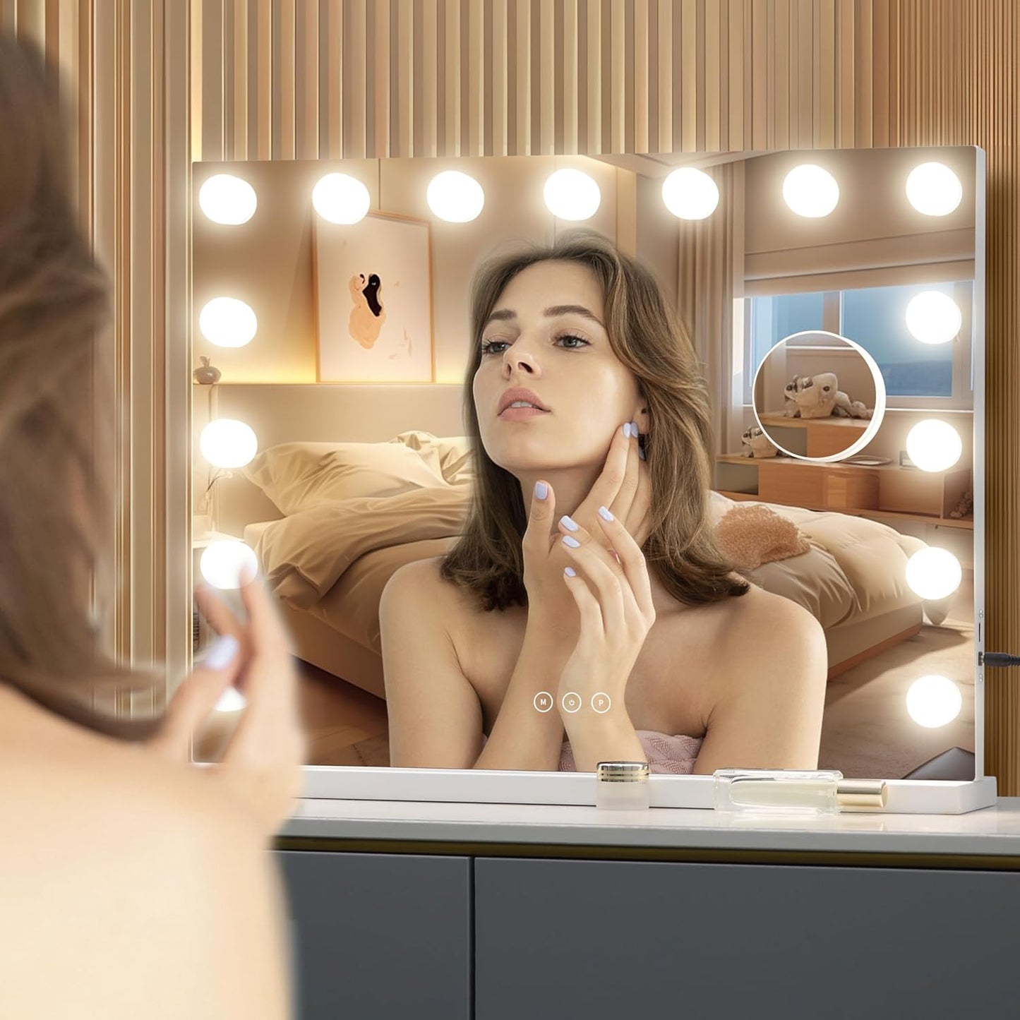Vanity Mirror with Lights Lighted Makeup Mirror with 15 Dimmable LED Bulbs,3 Color Lighting Modes,Usb Charging Port Touch Control,Sturdy Metal Frame Design,White