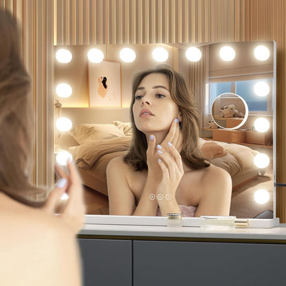 Vanity Mirror with Lights Lighted Makeup Mirror with 15 Dimmable LED Bulbs,3 Color Lighting Modes,Usb Charging Port Touch Control,Sturdy Metal Frame Design,White
