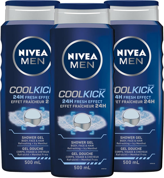 MEN Cool Kick Body Wash | 3-In-1 Men Shower Gel (Body, Face & Hair), 3X500Ml & MEN Active Lip Balm, (2 X 4.8G) | Made with Jojoba Oil & Shea Butter, 24H Hydration