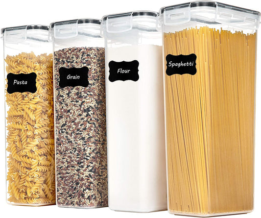 Airtight Food Storage Containers with Lids, 4 PCS 2.8L Pasta Containers for Pantry Organization and Storage, BPA Free Kitchen Organization for Spaghetti, Flour, Sugar and Noodles, Black