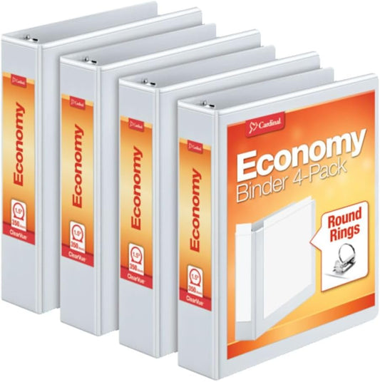 Binders, 3-Ring round Rings, 1.5 Inch, White, Holds 350 Sheets, Clearvue Custom Covers, Non-Stick Pvc-Free Material, Recycled Content, 4-Pack for Office, School, or Home
