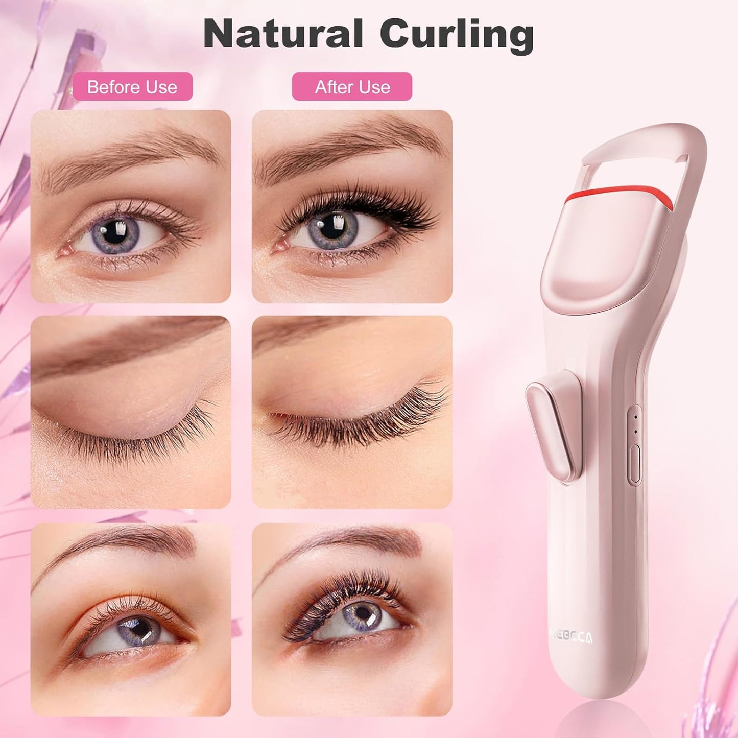 Heated Eyelash Curler Professional- Naturally Curling Eye Lashes with Innovative Heating Silicone, Electric Eyelashes Curler with 600Mah Rechargeable Battery EC4001 (Pink)