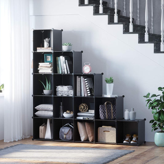 Cube Storage Organizer, 16-Cube Shelves Units, Closet Cabinet, DIY Plastic Modular Book Shelf, Ideal for Bedroom, Living Room, Office, 48.4" L × 12.4" W × 48.4" H Black