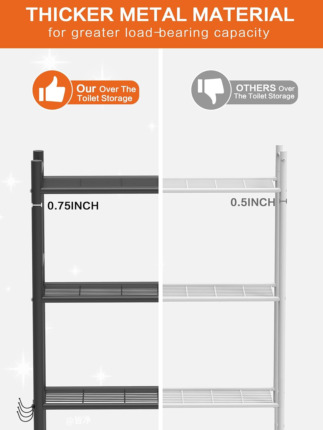3-Tier over the Toilet Storage, Space Saver Metal Bathroom Shelves, Freestanding above over Toilet Storage Shelf with 4 Hooks for Bathroom, Black