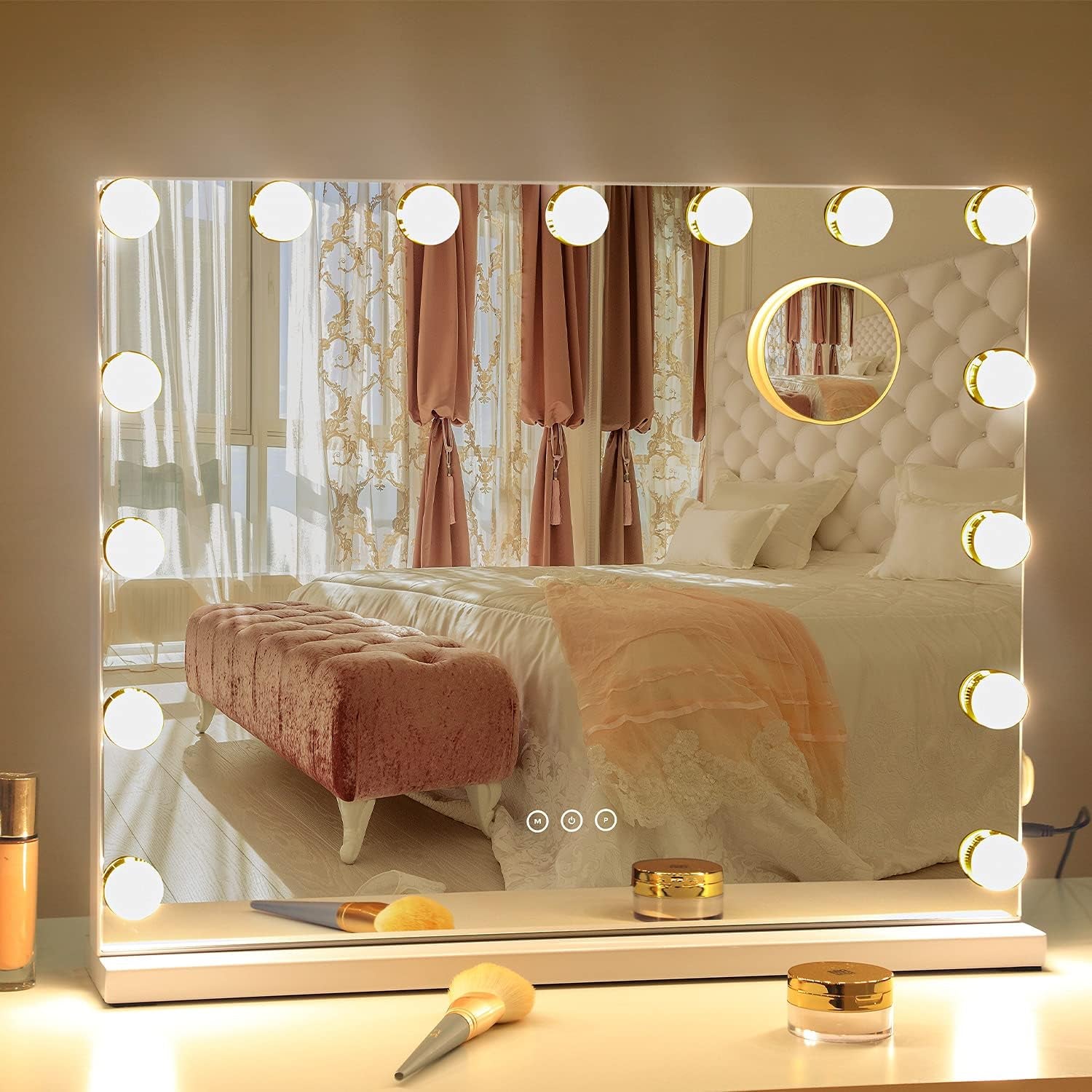 Vanity Mirror with Lights Lighted Makeup Mirror with 15 Dimmable LED Bulbs,3 Color Lighting Modes,Usb Charging Port Touch Control,Sturdy Metal Frame Design,White