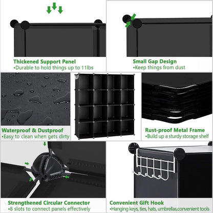 Cube Storage Organizer, 16-Cube Shelves Units, Closet Cabinet, DIY Plastic Modular Book Shelf, Ideal for Bedroom, Living Room, Office, 48.4" L × 12.4" W × 48.4" H Black