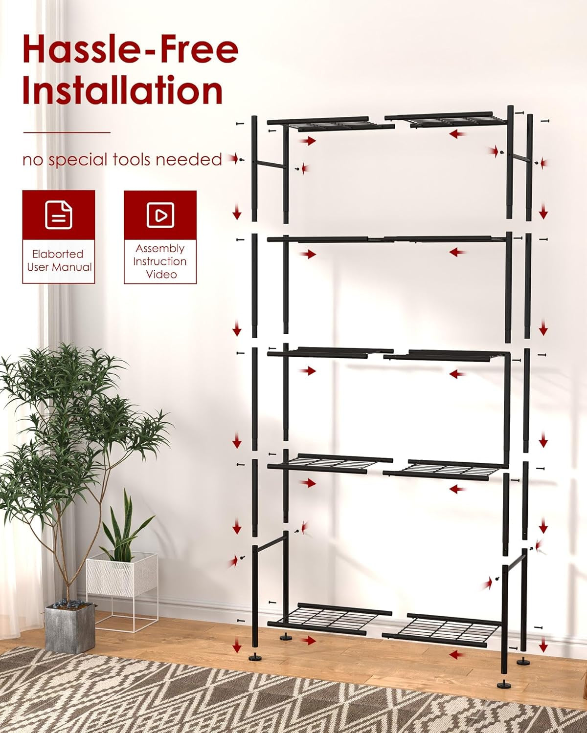 5 Tier Shelf - Heavy Duty Metal Storage Shelves with Adjustable Leveling Feet, Large Capacity Shelving Unit with Multiple Hooks for Kitchen, Pantry, Office (83 X 33 X 184 Cm, Black)