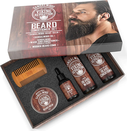 - Beard Kit Conditioner - Beard Grooming Kit with with Beard Wash, Conditioner, Beard Oil, Beard Balm & Beard Comb - Softens, Smoothes, Soothes - Gifts for Men - Sandalwood