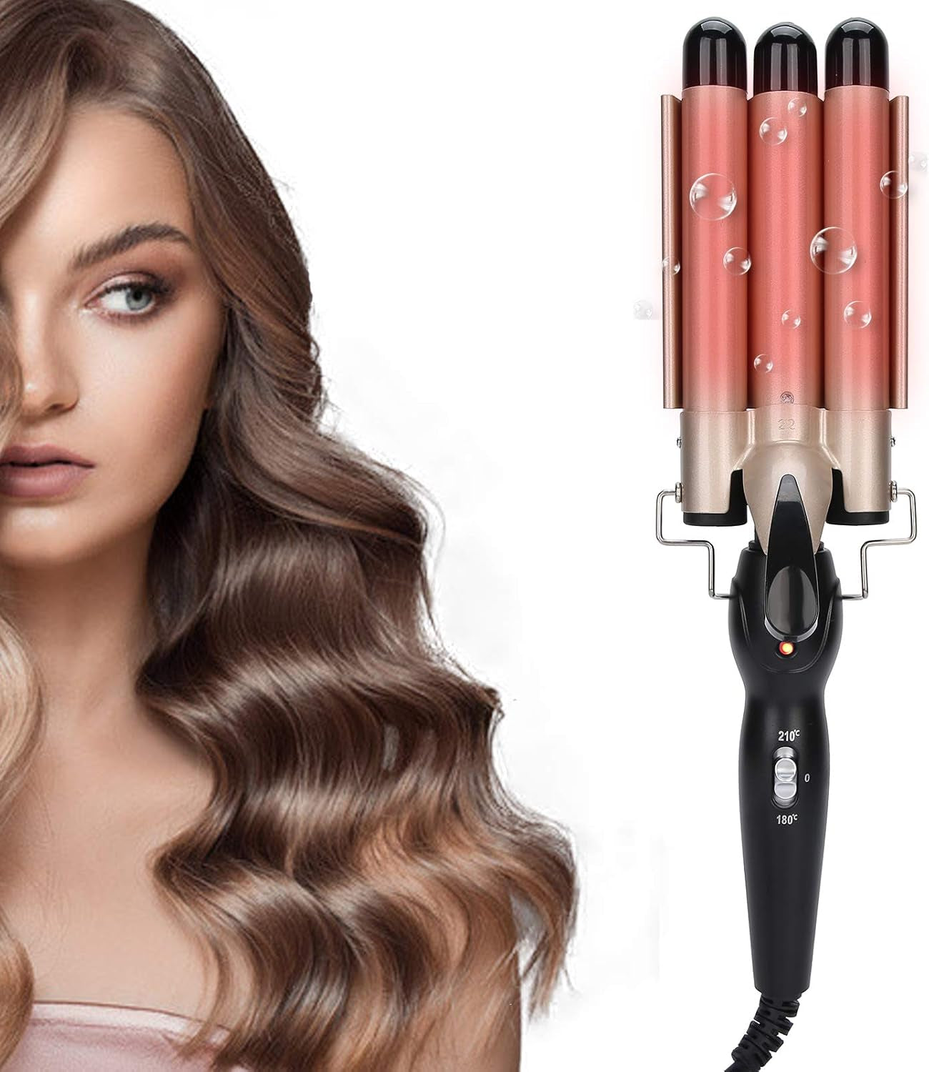 Electric Hair Curler 3 Curling Iron Wand Adjustable Hair Curler Waver Crimper Hair Styling Tool Crimping Waver for Women Beach Waves(Gold 22Mm)