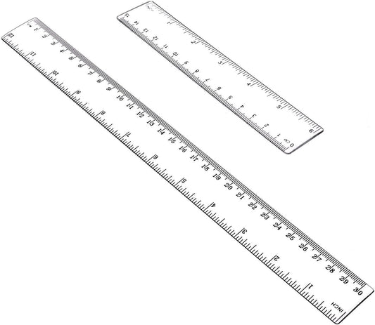 Plastic Ruler 2 Pack 12 Inch and 6 Inch Clear Straight Ruler with Inches and Metric Measuring Tool for Student School Office