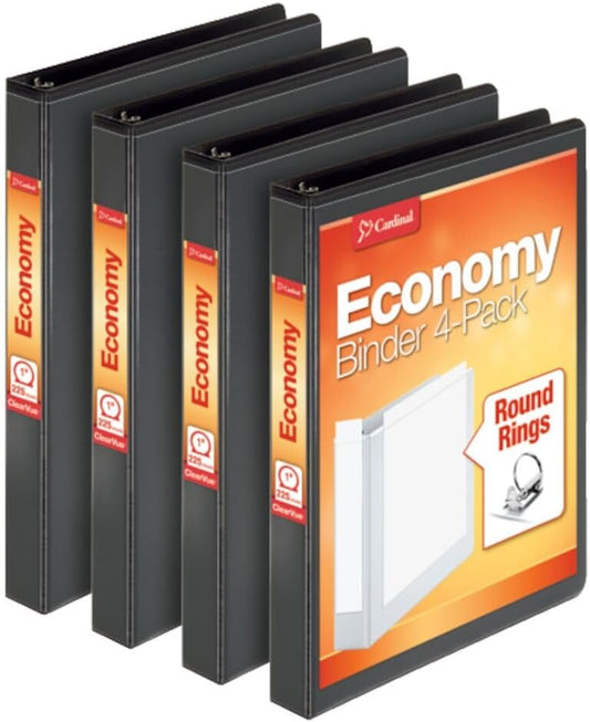 Binders, 3 Ring, 1 Inch Capacity, Clearvue Presentation View, Black, Holds 225 Sheets, Non-Stick Pvc-Free, Recycled Cover Boards, Set of 4 for School, Office, or Home