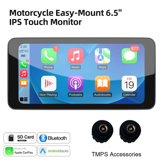 6.5Inch Motorcycle Carplay Android Auto Navigation Monitor Tire Pressure Display Portable IPS Screen Waterproof AUX Bluetooth