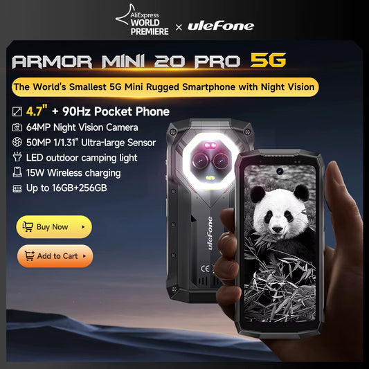 Ulefone Armor Mini 20 Pro 5G 4.7" Rugged Phone 64MP Night Camera Android 14 Smartphone 6200Mah 16GB+256GB Mobile Phone LED