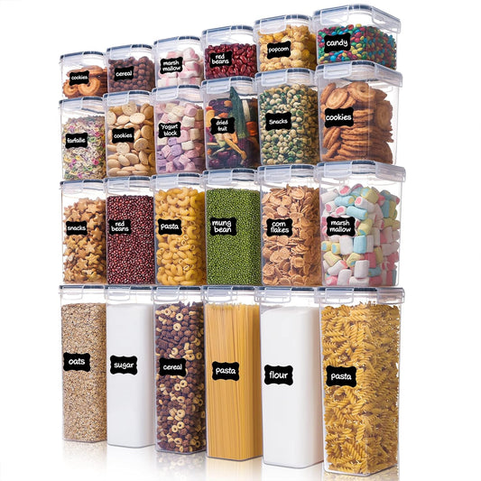 Airtight Food Storage Containers with Lids,  24 Pcs Plastic Kitchen and Pantry Organization Canisters for Cereal, Dry Food, Flour and Sugar, BPA Free, Includes 24 Labels，Black