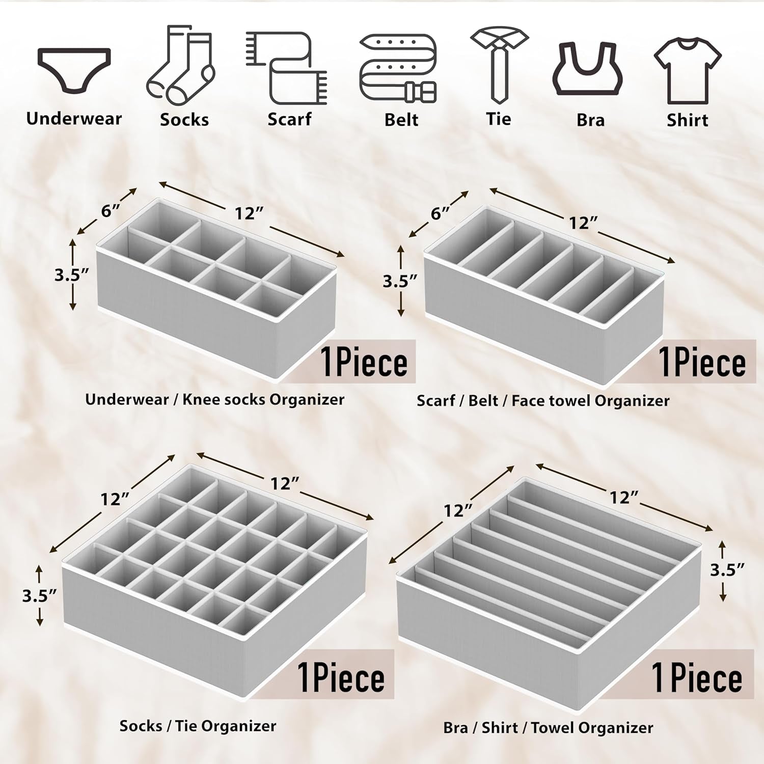 Simplehouseware Closet Underwear Organizer Drawer Divider Set of 4, Grey