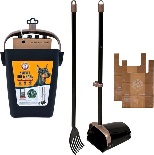 Petmate  Swivel Bin & Rake Pooper Scooper Waste Management System (2 Bonus Heavy Duty Handle Tie Waste Bags Included for Premium Odor Control)