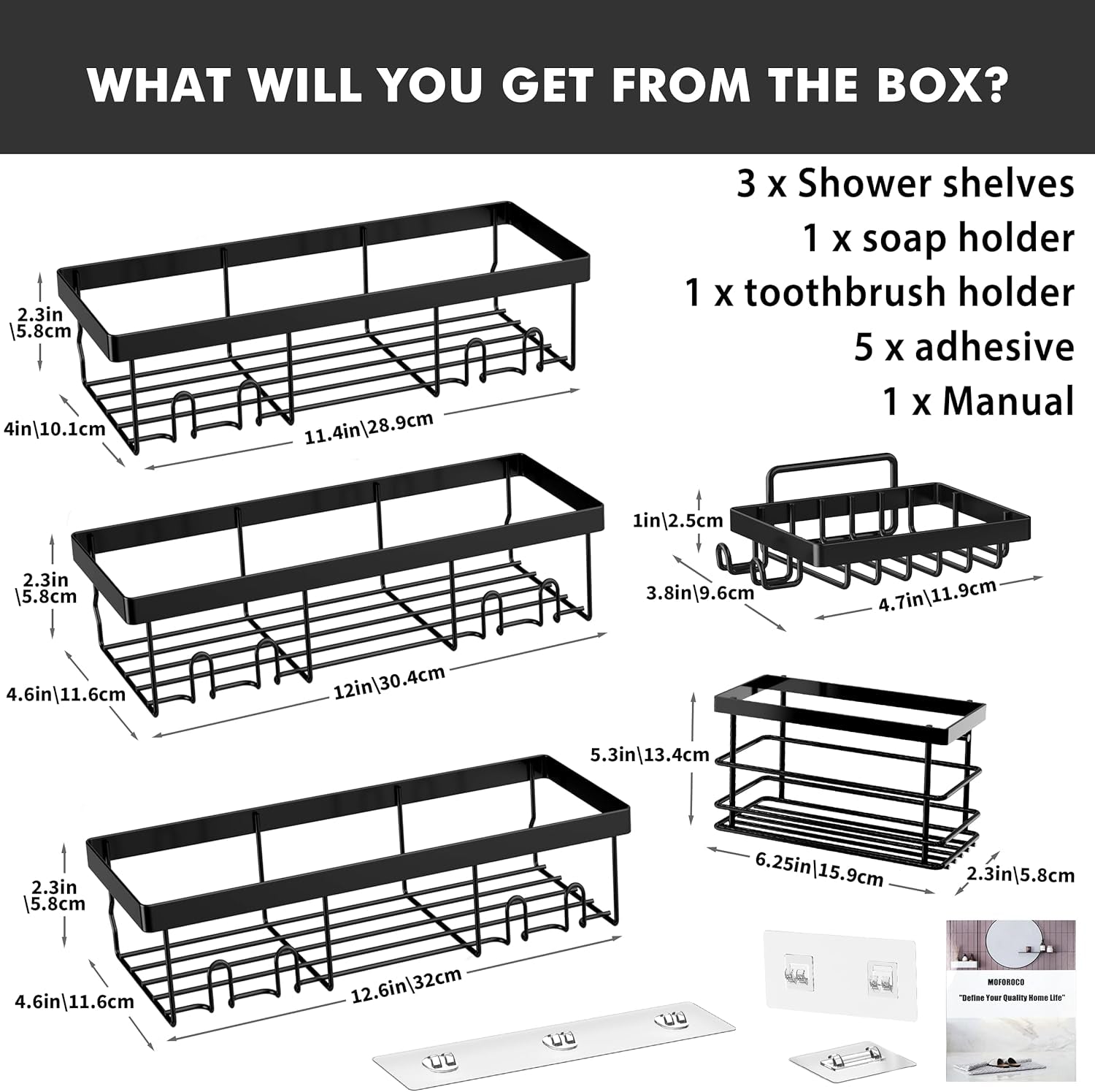 Shower Caddy Shelf Organizer Rack, Self Adhesive Black Bathroom Shelves Basket, Home Farmhouse Wall Shower inside Organization and Storage Decor Rv Accessories (Black, 5Pack)