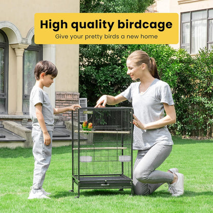 30 Inch Height Wrought Iron Bird Cage with Rolling Stand for Parrots Conure Lovebird Cockatiel Black