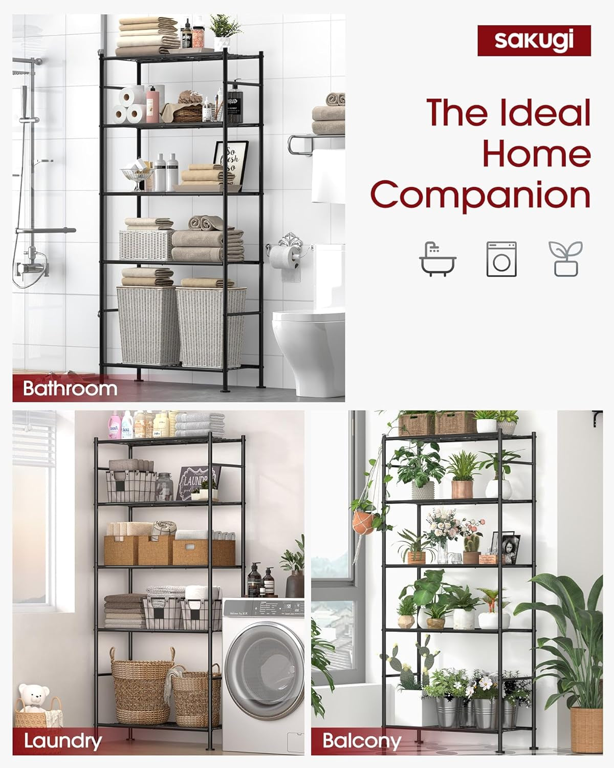 5 Tier Shelf - Heavy Duty Metal Storage Shelves with Adjustable Leveling Feet, Large Capacity Shelving Unit with Multiple Hooks for Kitchen, Pantry, Office (83 X 33 X 184 Cm, Black)