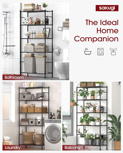 5 Tier Shelf - Heavy Duty Metal Storage Shelves with Adjustable Leveling Feet, Large Capacity Shelving Unit with Multiple Hooks for Kitchen, Pantry, Office (83 X 33 X 184 Cm, Black)