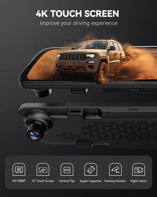 G840S 12" 4K Rear View Mirror Camera, 2160P Full HD Smart Mirror Dash Cam for Cars & Trucks, Mirror Front and Rear View Dual Cameras, Night Vision, Parking Assistance, Included 32GB Card & GPS