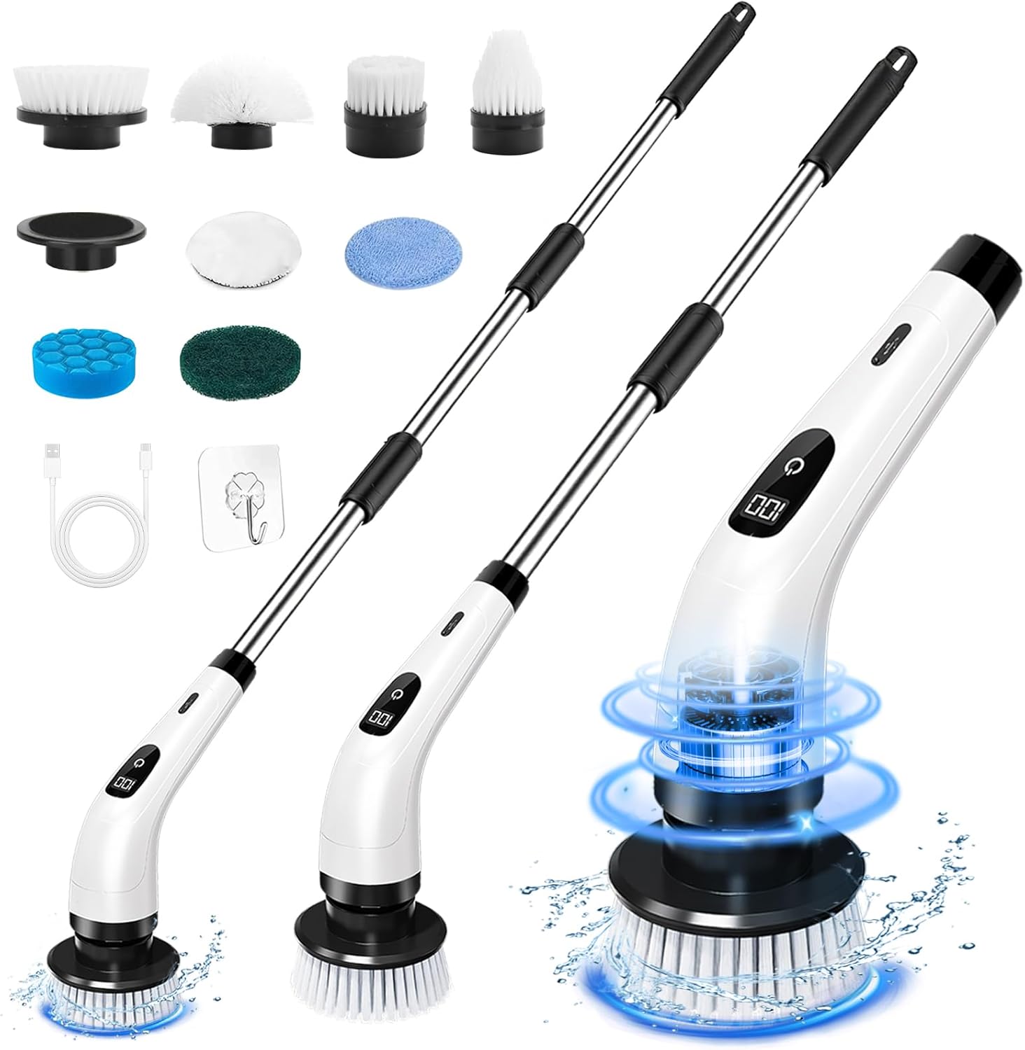Kemolpo PowerSpin Pro Electric Scrubber - 8-Head Cordless Cleaning System with Detachable Extension Handle