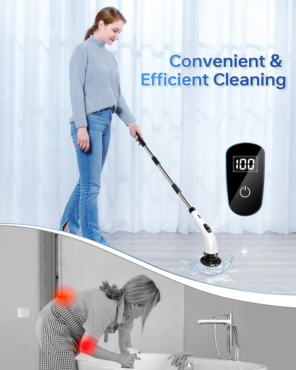 Kemolpo PowerSpin Pro Electric Scrubber - 8-Head Cordless Cleaning System with Detachable Extension Handle