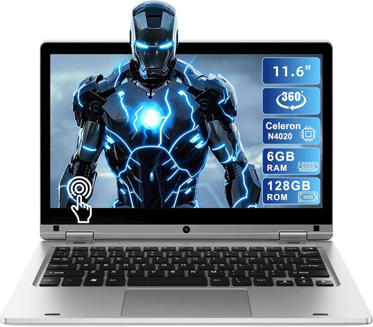 11.6" Laptop Touchscreen 360° Foldable Laptop PC 6GB RAM 128GB SSD FHD Display Laptop Computer Celeron N4020 with 256GB SD Card Dual Band Wifi Bluetooth 4.2 USB 3.0 * 1 HDMI*1 for Office Study Silver