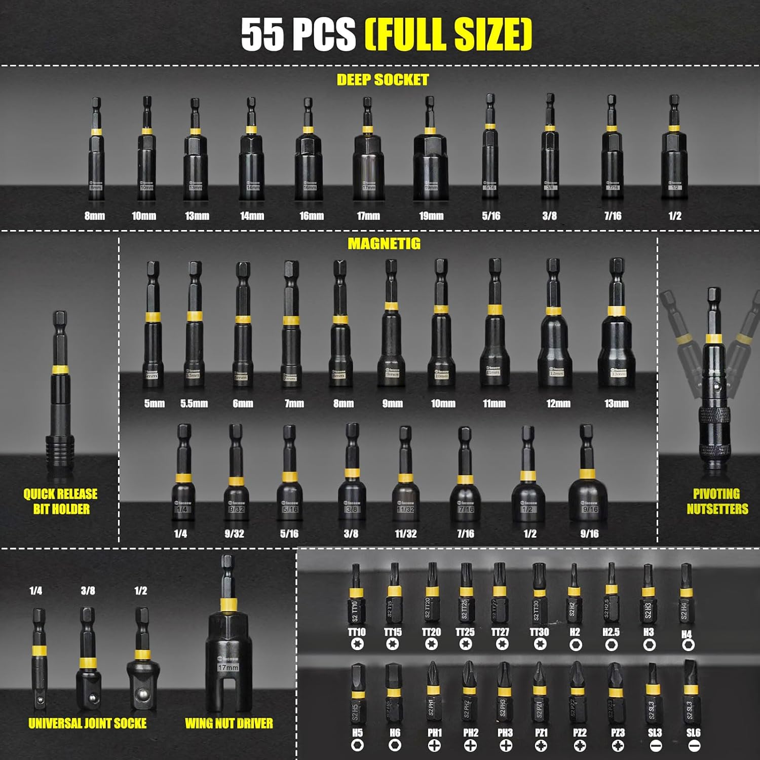 Facoow 55-Piece Magnetic Impact Nut Driver Set - Premium S2 Steel Bits with Deep Drivers, Wing Nut Setters & 1/4" Quick Change Extension
