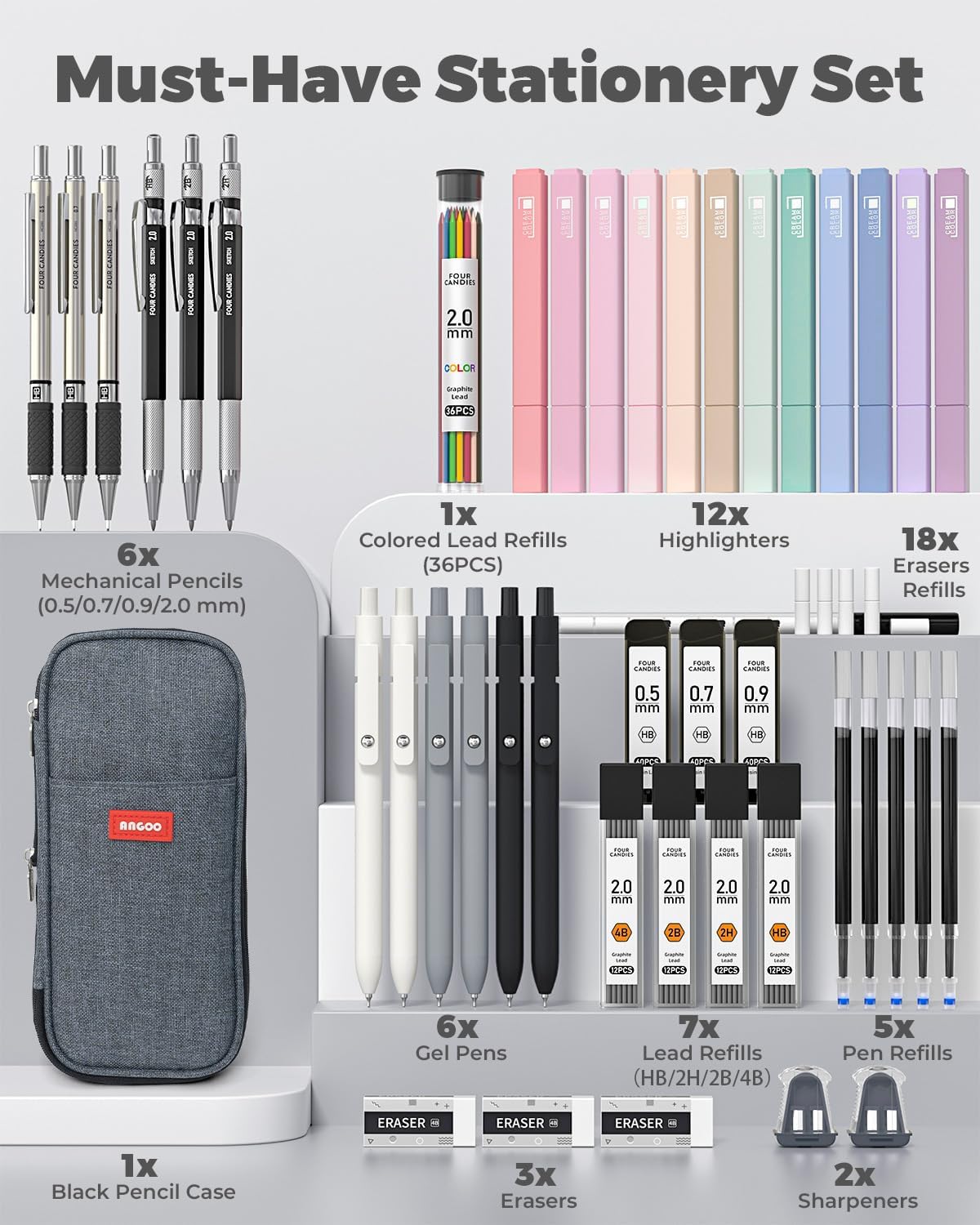 45 PCS School Supplies with Pen Case, 6 Gel Pens, 6 Art Mechanical Pencil Set, 12 Highlighters for College Essentials Office Stationery (Black)