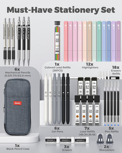 45 PCS School Supplies with Pen Case, 6 Gel Pens, 6 Art Mechanical Pencil Set, 12 Highlighters for College Essentials Office Stationery (Black)