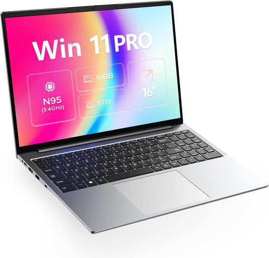 Laptop 16 Inch, Windows 11 Pro, 12Th-Gen N95, Quad Core, up to 3.4Ghz, 16GB DDR5 RAM, 1TB Pcie NVME SSD, 16" FHD IPS 1920X1200, 2.0MP, 2.4G+5G Wifi, BT 5.0, HDMI, RJ45, Type C, Gray