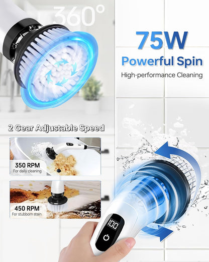 Kemolpo PowerSpin Pro Electric Scrubber - 8-Head Cordless Cleaning System with Detachable Extension Handle