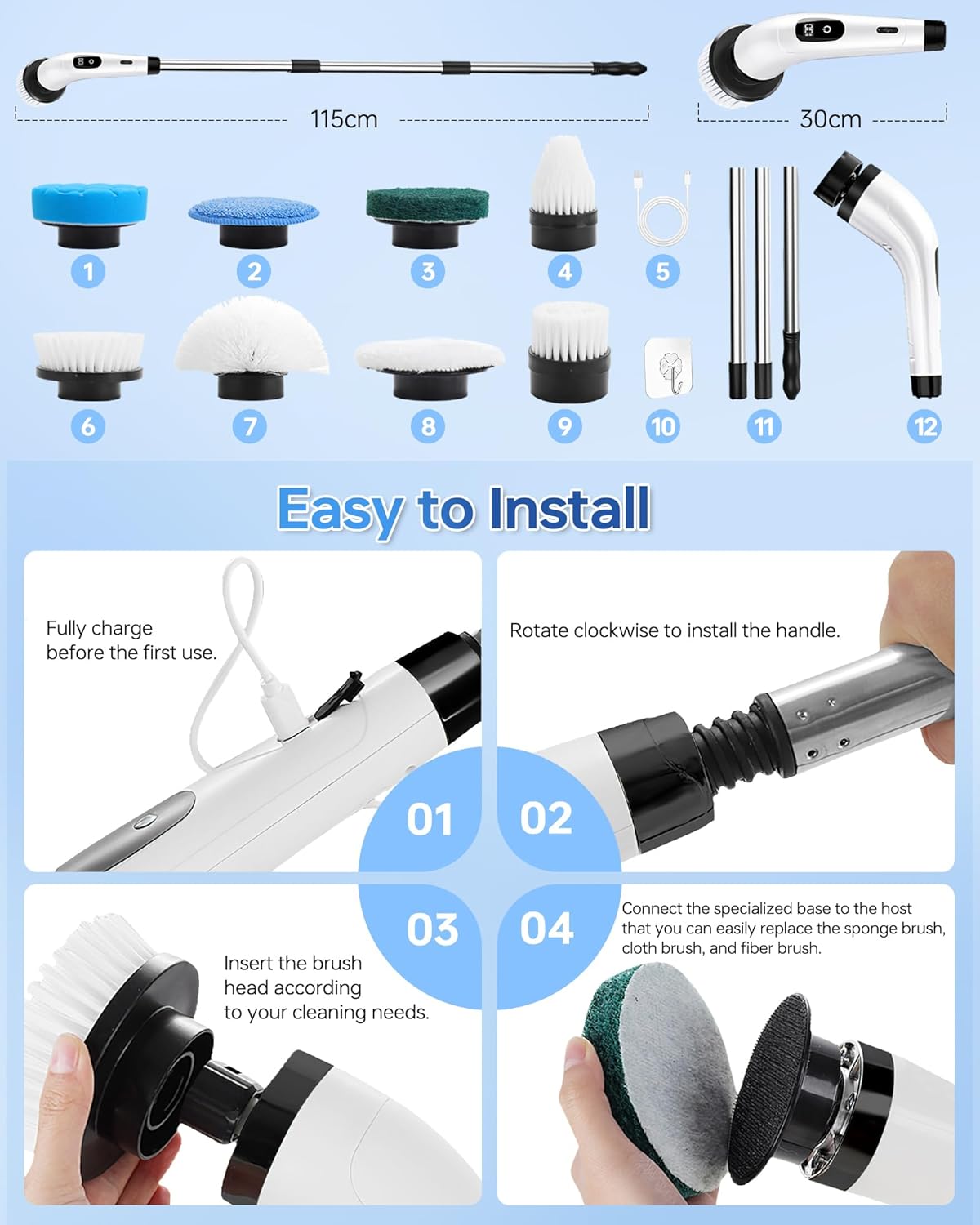 Kemolpo PowerSpin Pro Electric Scrubber - 8-Head Cordless Cleaning System with Detachable Extension Handle