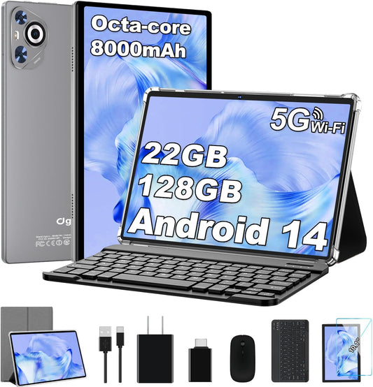 Newest Android 14 Tablet, 22GB RAM 128GB ROM 1TB Expansion, 10.1 Inch Touchscreen Tablet, Powerful Octa-Core, 8000Mah, 2 in 1 Tablet PC with Keyboard, Mouse, Bluetooth, GPS, Wifi -Grey
