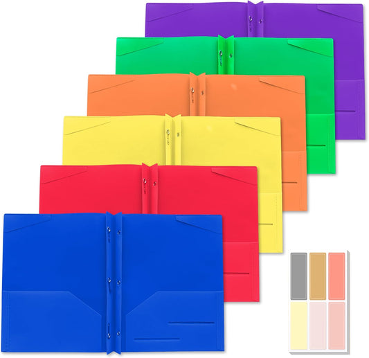 Heavy Duty Plastic Duotang with Prongs, 6 Pcs Colored Two Pocket Folder with 60 Pcs Sticky Tabs, File Folders with Pockets for School Home Office