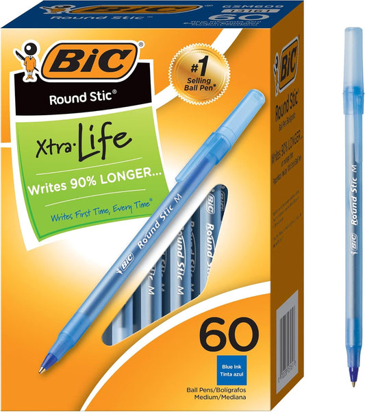 Bic Round Stic Extra Life Ballpoint Pen with 1.0 Mm Point and Comfortable Grip, 60-Count in Blue Ink