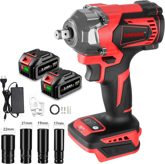 Onevan Brushless Cordless Impact Wrench - 525 Ft-lbs High Torque 1/2" Impact Gun with 2x3.0Ah Batteries & Fast Charger